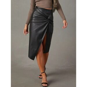 Commense Faux Leather Black Skirt Knot Asymmetric Slit Midi‎ Cocktail Elegant M